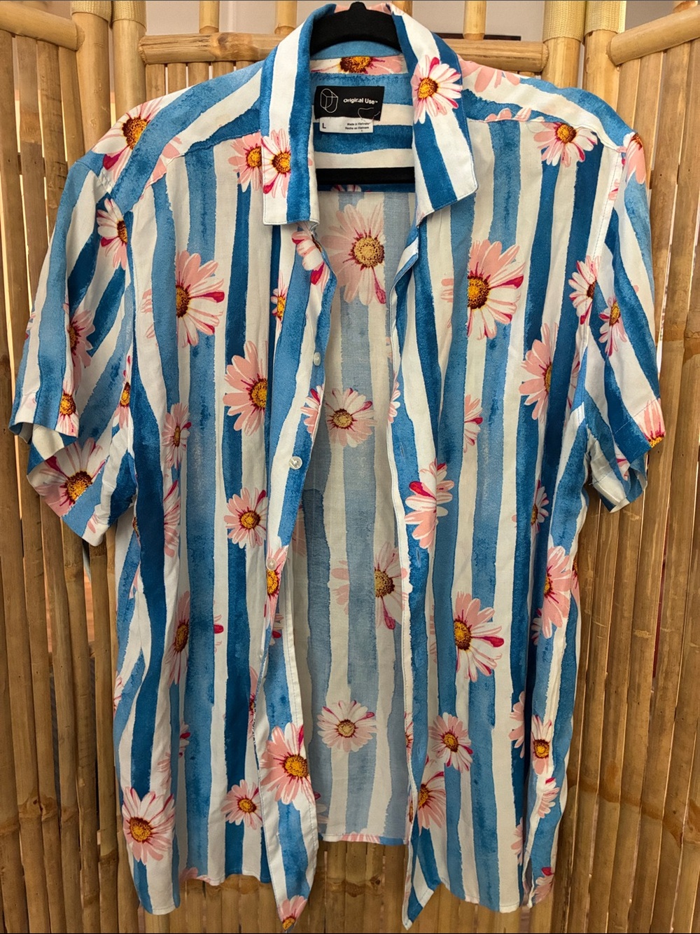 Original Use Blue & White Striped Camp Shirt with Pink Daisy Print